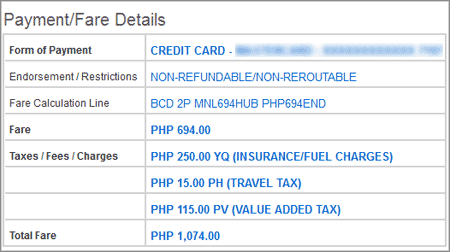 Fare breakdown for the eticket receipt - service charge not yet included